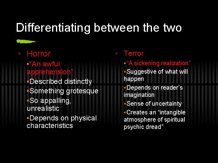 Differentiating between the two • Horror • “An awful apprehension” • Described distinctly • Differentiating between the two • Horror • “An awful apprehension” • Described distinctly •