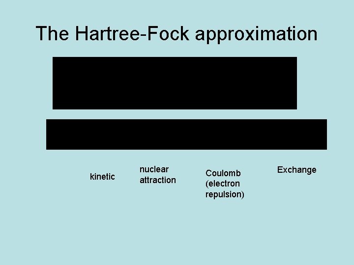 The Hartree-Fock approximation kinetic nuclear attraction Coulomb (electron repulsion) Exchange 