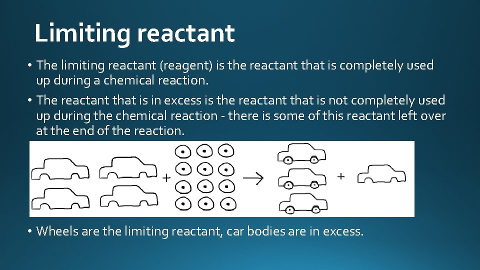 Limiting reactant • The limiting reactant (reagent) is the reactant that is completely used