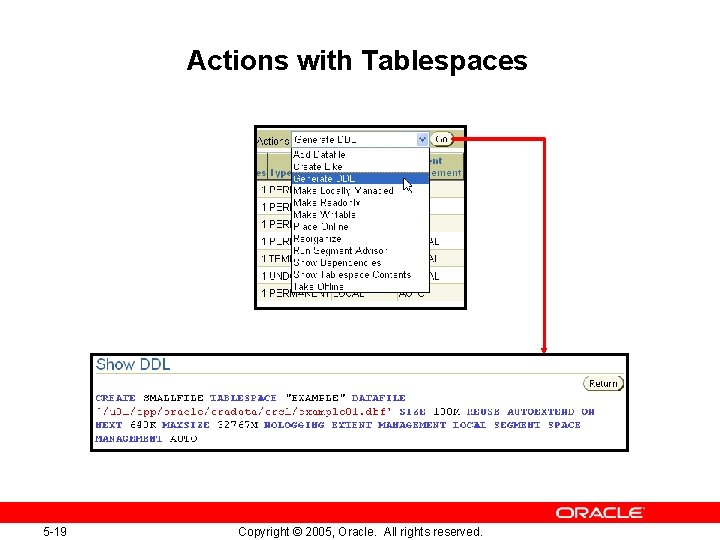 Actions with Tablespaces 5 -19 Copyright © 2005, Oracle. All rights reserved. Actions with Tablespaces 5 -19 Copyright © 2005, Oracle. All rights reserved.