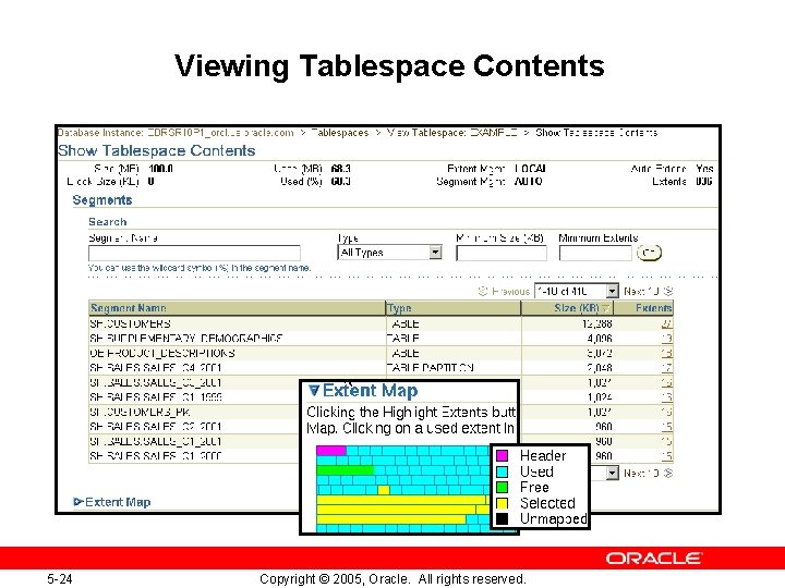 Viewing Tablespace Contents 12061_1_sel_ts_3 5 -24 Copyright © 2005, Oracle. All rights reserved. Viewing Tablespace Contents 12061_1_sel_ts_3 5 -24 Copyright © 2005, Oracle. All rights reserved.