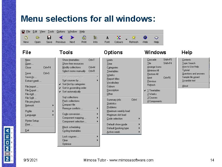 Menu selections for all windows: File 9/5/2021 Tools Options Windows Mimosa Tutor - www.