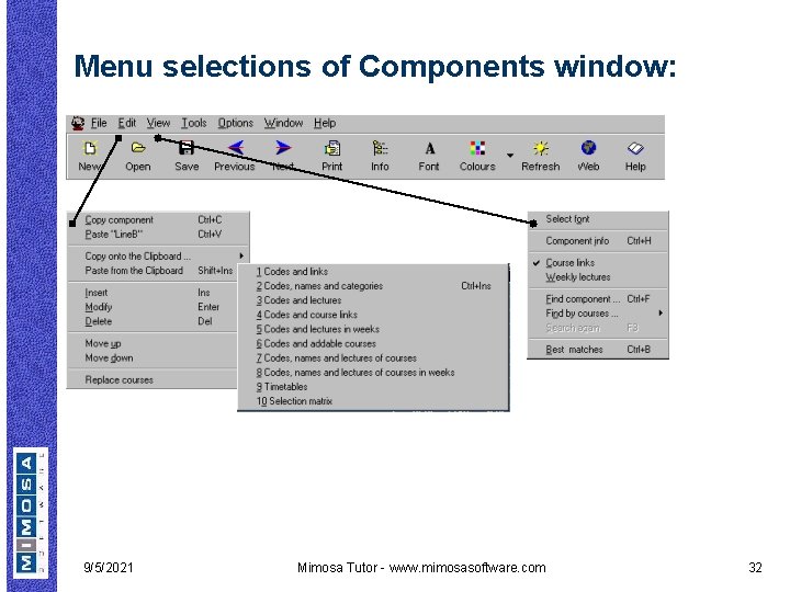 Menu selections of Components window: 9/5/2021 Mimosa Tutor - www. mimosasoftware. com 32 