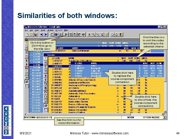 Similarities of both windows: Click the title row to sort the codes according to