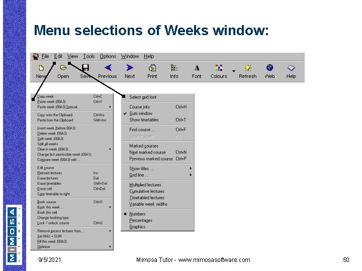 Menu selections of Weeks window: 9/5/2021 Mimosa Tutor - www. mimosasoftware. com 50 