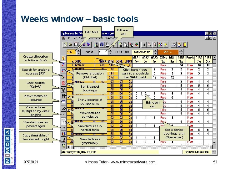 Weeks window – basic tools Edit MAX Edit each cell Create allocation solutions {Ins}