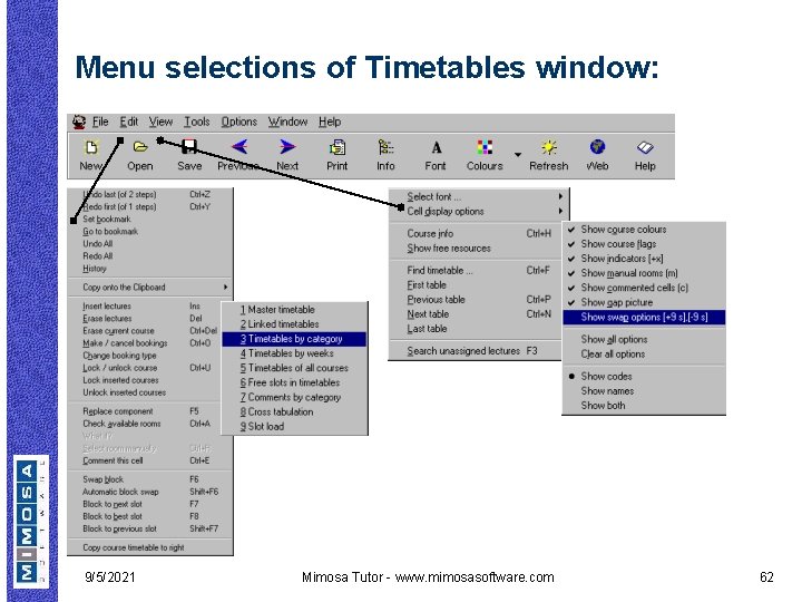 Menu selections of Timetables window: 9/5/2021 Mimosa Tutor - www. mimosasoftware. com 62 