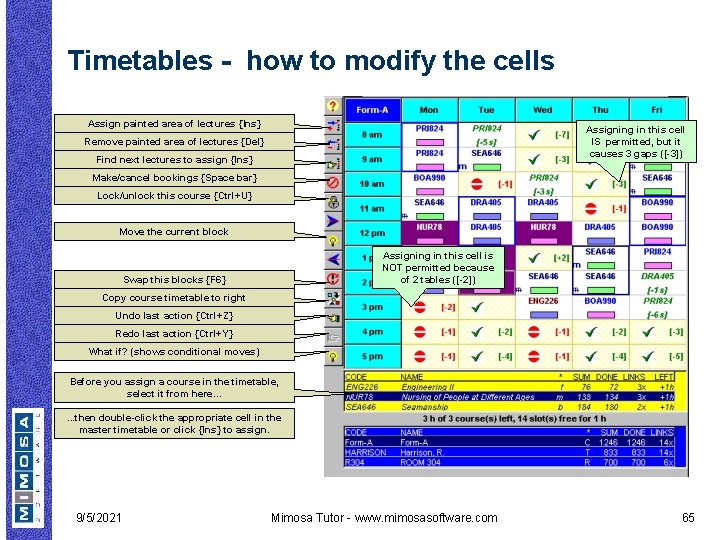 Timetables - how to modify the cells Assign painted area of lectures {Ins} Assigning