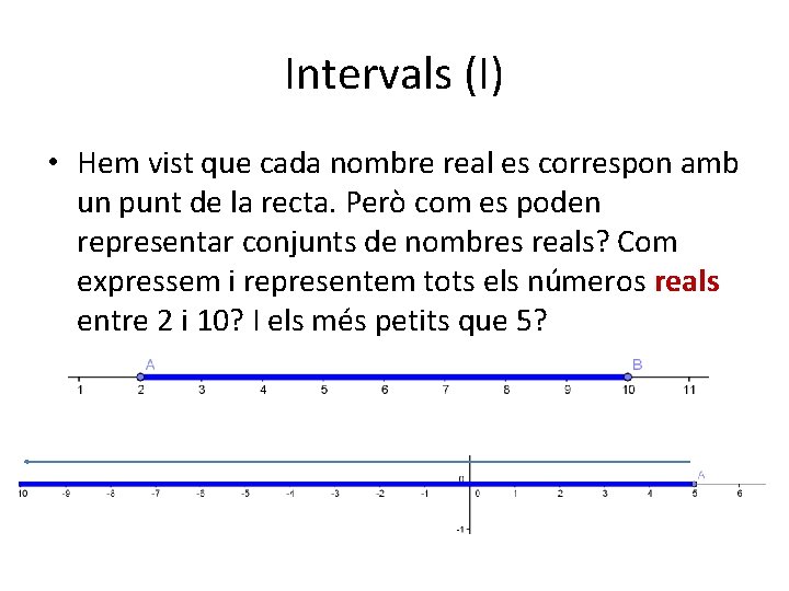Intervals (I) • Hem vist que cada nombre real es correspon amb un punt