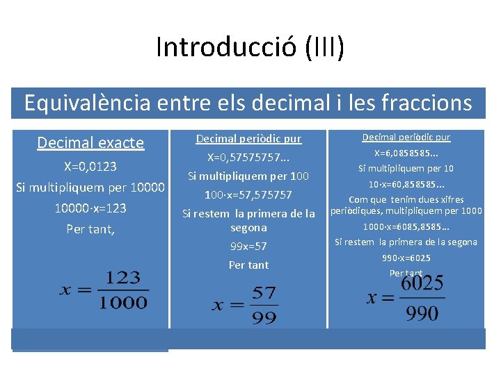 Introducció (III) Equivalència entre els decimal i les fraccions Decimal exacte X=0, 0123 Si