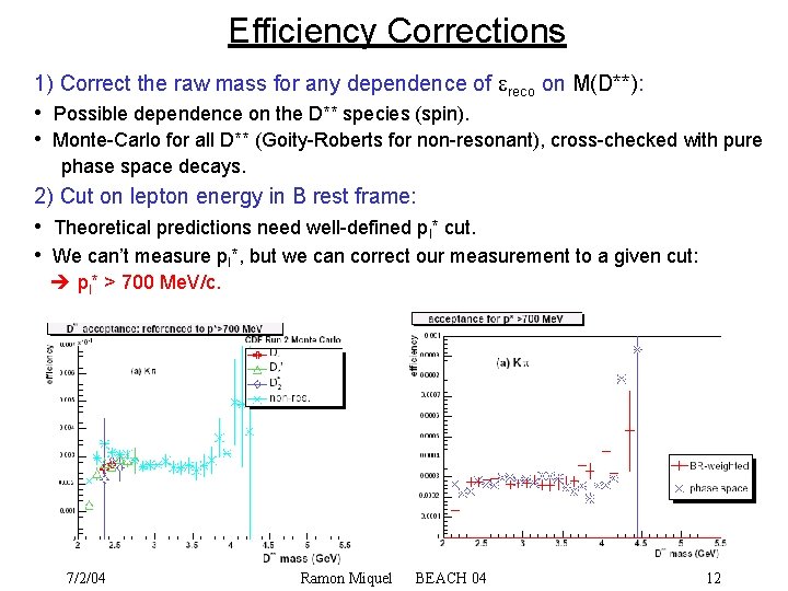 Efficiency Corrections 1) Correct the raw mass for any dependence of reco on M(D**):