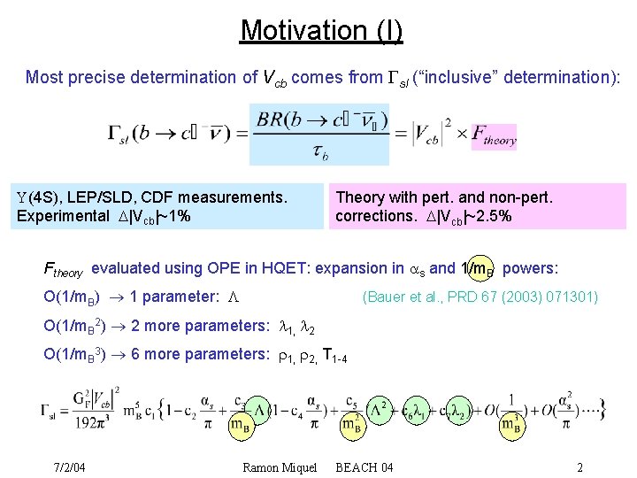 Motivation (I) Most precise determination of Vcb comes from Gsl (“inclusive” determination): U(4 S),