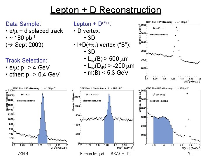 Lepton + D Reconstruction Data Sample: • e/ + displaced track • ~ 180