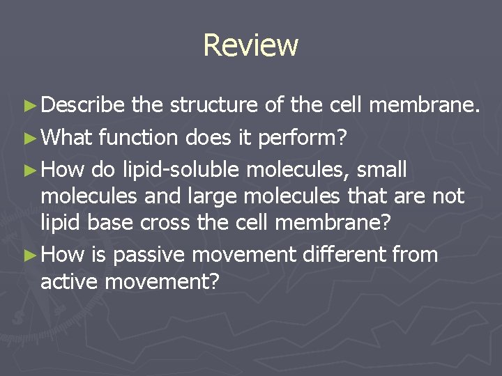 Review ► Describe the structure of the cell membrane. ► What function does it