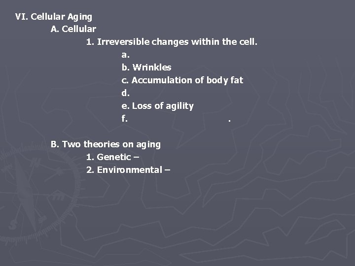 VI. Cellular Aging A. Cellular 1. Irreversible changes within the cell. a. b. Wrinkles