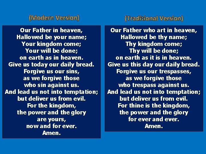 (Modern Version) Our Father in heaven, Hallowed be your name; Your kingdom come; Your