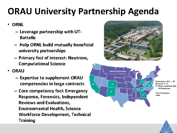 ORAU University Partnership Agenda • ORNL – Leverage partnership with UTBattelle – Help ORNL
