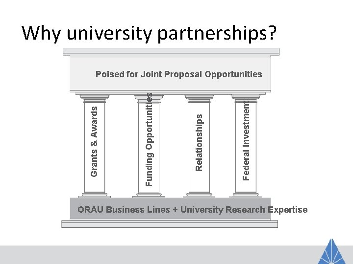 Why university partnerships? Federal Investment Relationships Funding Opportunities Grants & Awards Poised for Joint