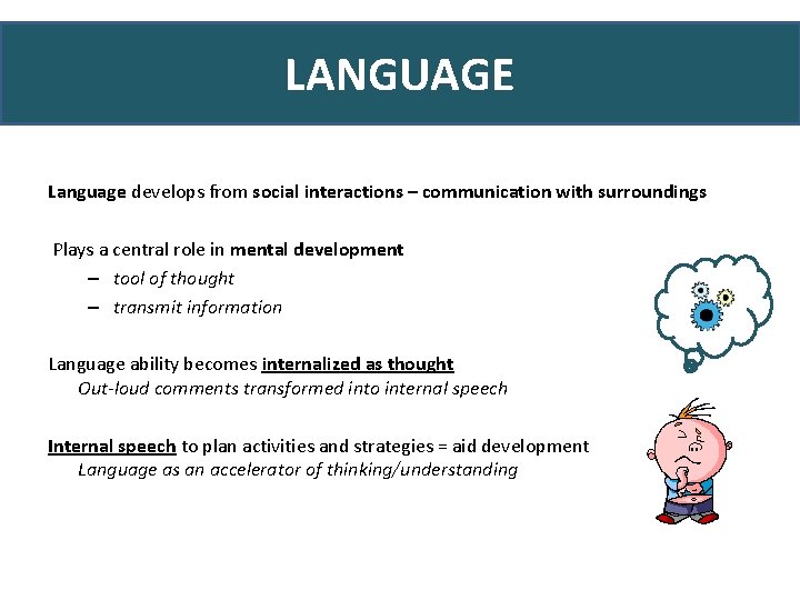 LANGUAGE Language develops from social interactions – communication with surroundings Plays a central role