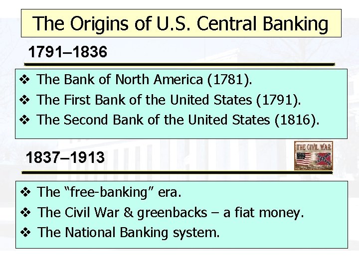 The Origins of U. S. Central Banking 1791– 1836 v The Bank of North