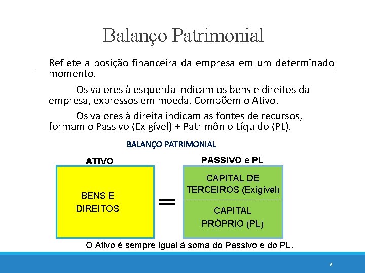 Balanço Patrimonial Reflete a posição financeira da empresa em um determinado momento. Os valores