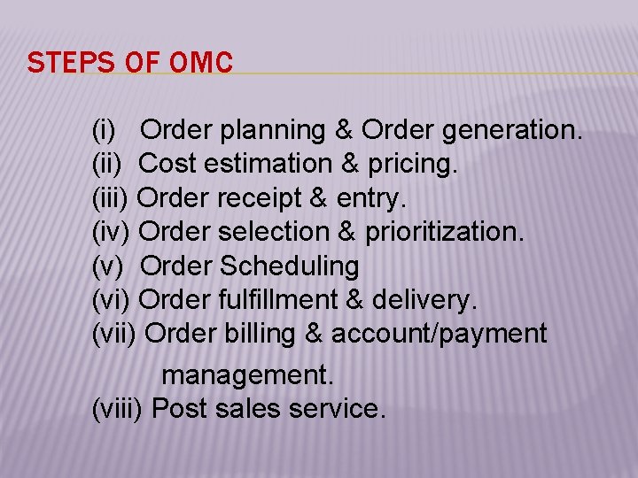 STEPS OF OMC (i) Order planning & Order generation. (ii) Cost estimation & pricing.