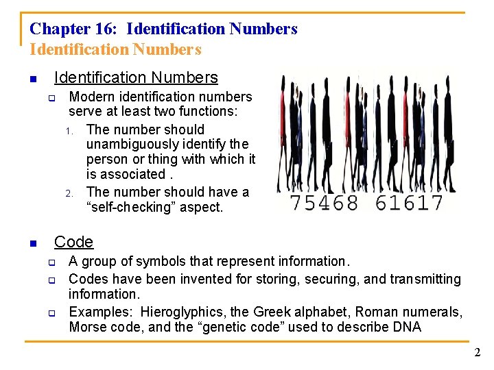 Chapter 16: Identification Numbers n Identification Numbers q n Modern identification numbers serve at
