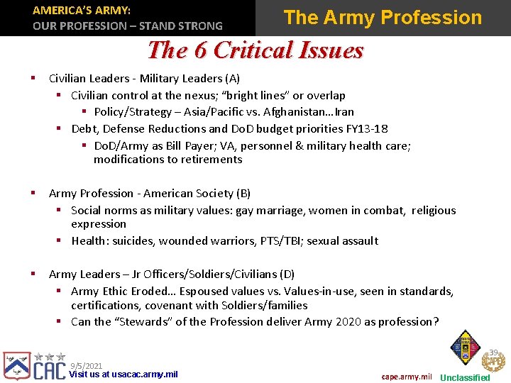 AMERICA’S ARMY: OUR PROFESSION – STAND STRONG The Army Profession The 6 Critical Issues