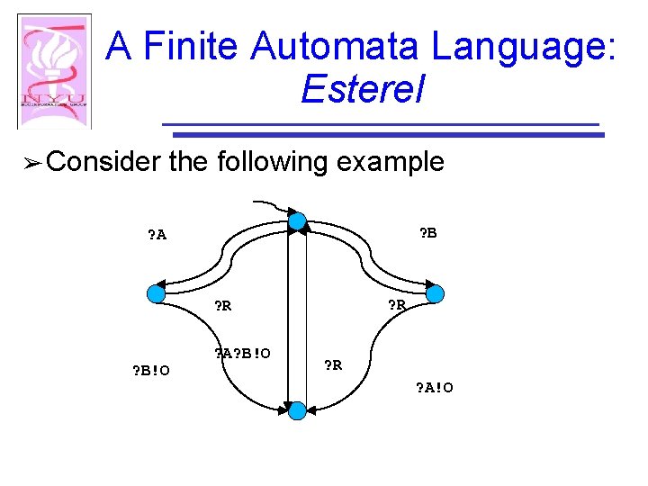 A Finite Automata Language: Esterel ➢ Consider the following example ? B ? A