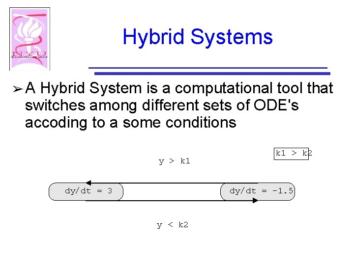 Hybrid Systems ➢A Hybrid System is a computational tool that switches among different sets