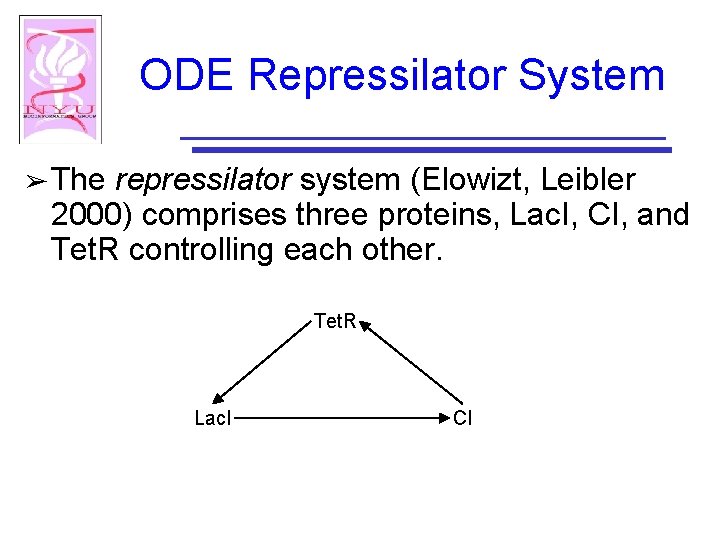 ODE Repressilator System ➢ The repressilator system (Elowizt, Leibler 2000) comprises three proteins, Lac.