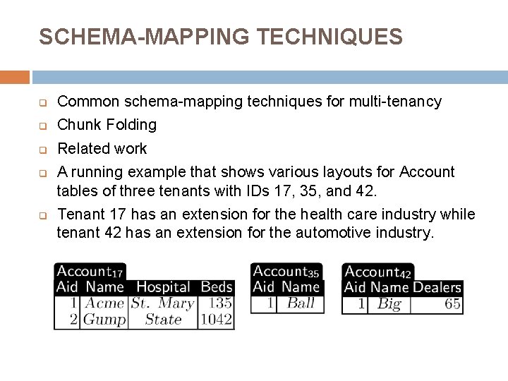 SCHEMA-MAPPING TECHNIQUES q Common schema-mapping techniques for multi-tenancy q Chunk Folding q Related work