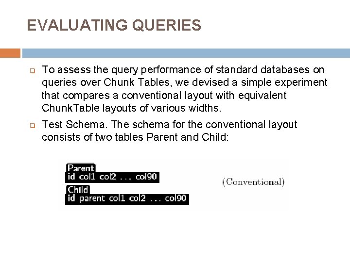 EVALUATING QUERIES q q To assess the query performance of standard databases on queries