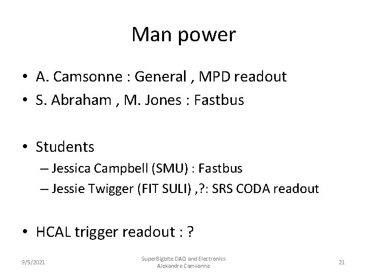Man power • A. Camsonne : General , MPD readout • S. Abraham ,