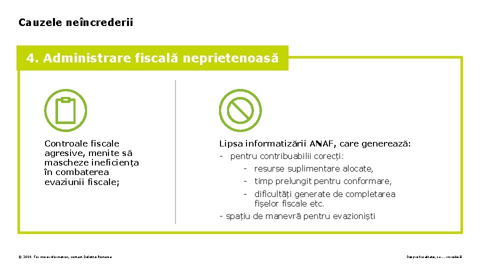 Cauzele neîncrederii 4. Administrare fiscală neprietenoasă Controale fiscale agresive, menite să mascheze ineficiența în