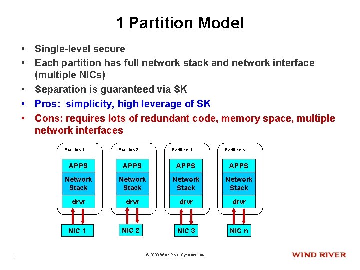 1 Partition Model • Single-level secure • Each partition has full network stack and