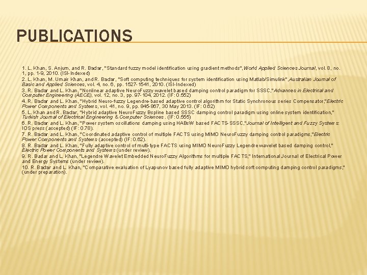 PUBLICATIONS 1. L. Khan, S. Anjum, and R. Badar, "Standard fuzzy model identification using
