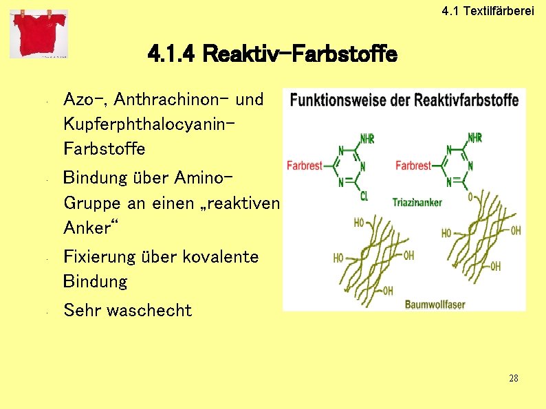 4. 1 Textilfärberei 4. 1. 4 Reaktiv-Farbstoffe • • Azo-, Anthrachinon- und Kupferphthalocyanin. Farbstoffe