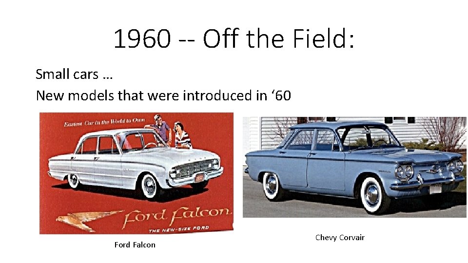 1960 -- Off the Field: Small cars … New models that were introduced in