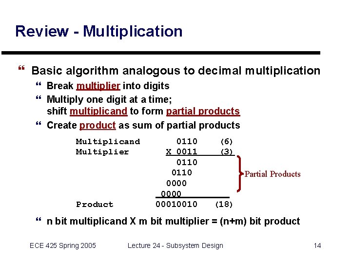 Review - Multiplication } Basic algorithm analogous to decimal multiplication } Break multiplier into