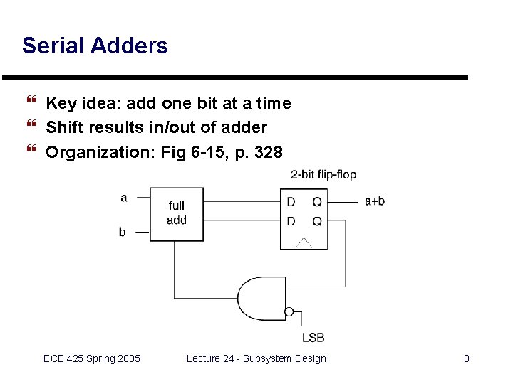 Serial Adders } Key idea: add one bit at a time } Shift results