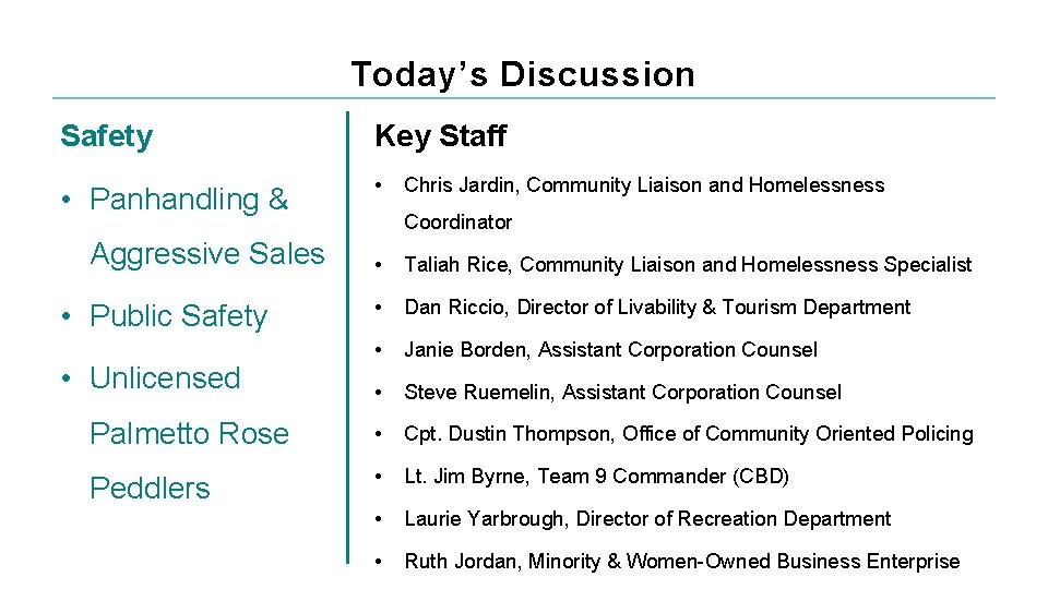 Today’s Discussion Safety Key Staff • Panhandling & • Aggressive Sales Chris Jardin, Community