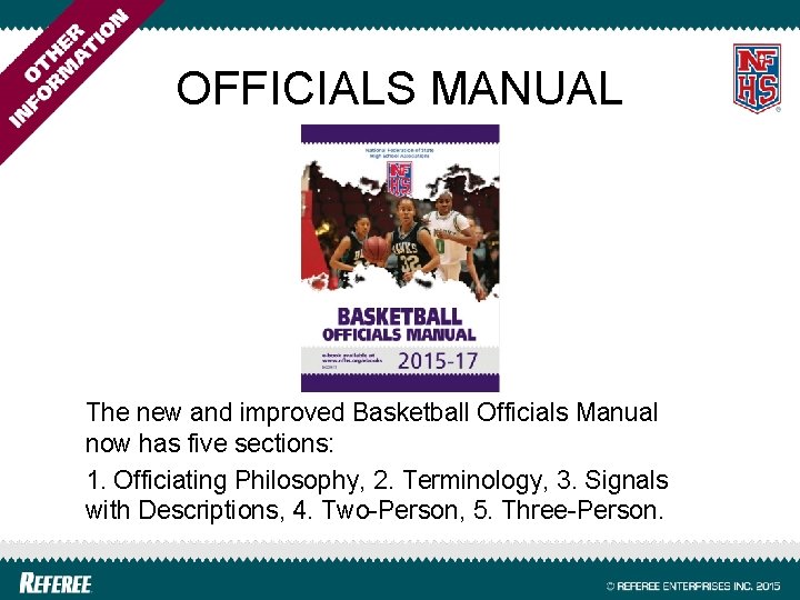 OFFICIALS MANUAL The new and improved Basketball Officials Manual now has five sections: 1.