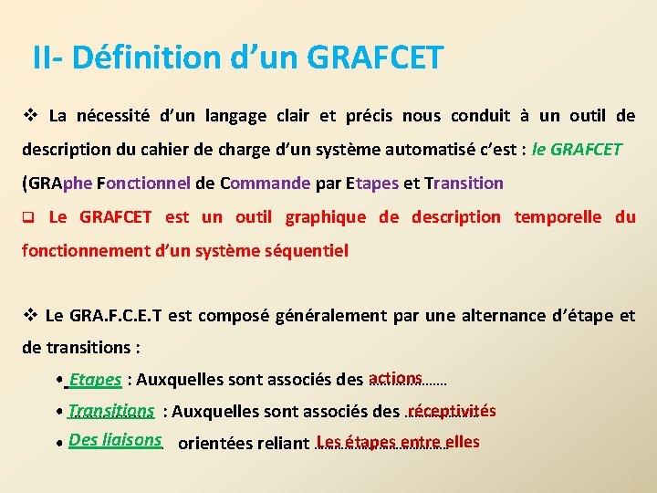 II- Définition d’un GRAFCET v La nécessité d’un langage clair et précis nous conduit