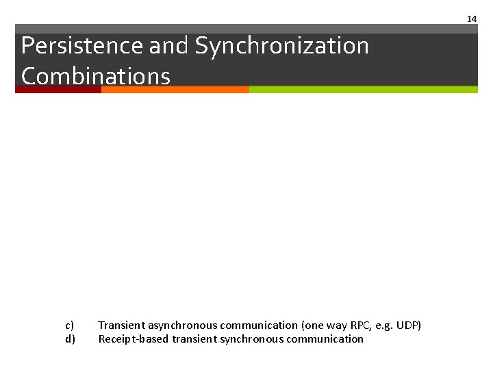 14 Persistence and Synchronization Combinations c) d) Transient asynchronous communication (one way RPC, e. 14 Persistence and Synchronization Combinations c) d) Transient asynchronous communication (one way RPC, e.