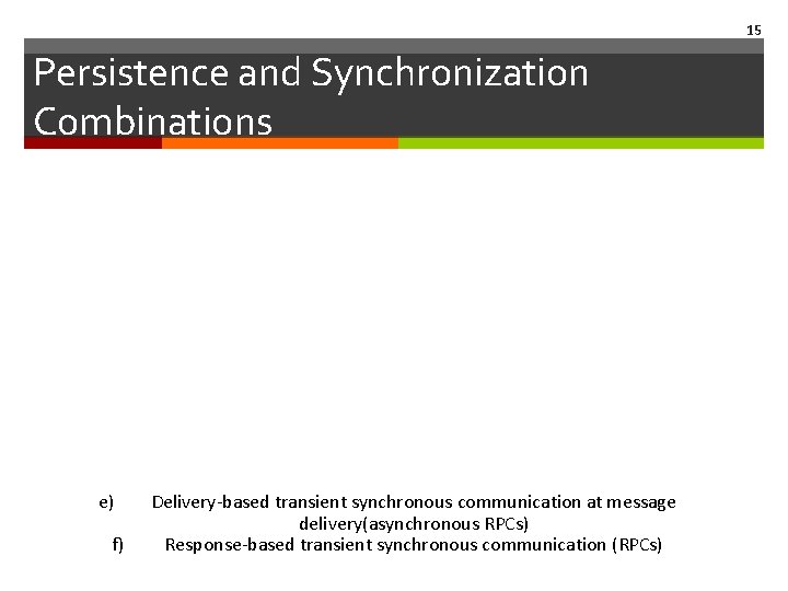 15 Persistence and Synchronization Combinations e) f) Delivery‐based transient synchronous communication at message delivery(asynchronous 15 Persistence and Synchronization Combinations e) f) Delivery‐based transient synchronous communication at message delivery(asynchronous