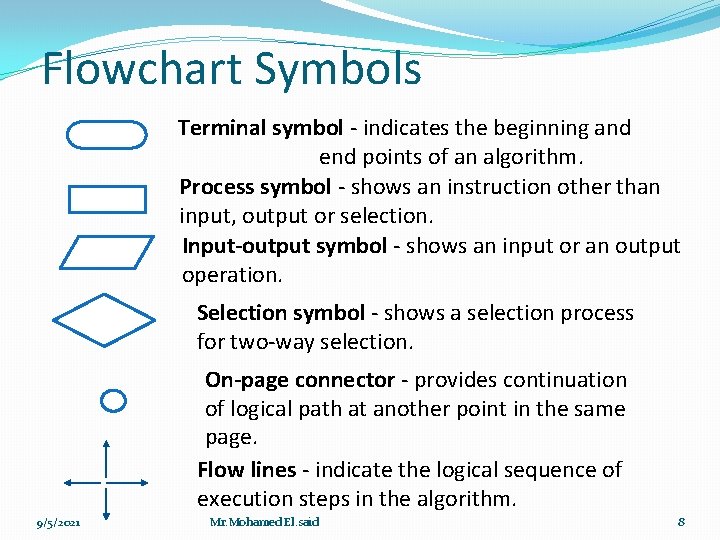 Flowchart Symbols Terminal symbol - indicates the beginning and end points of an algorithm. Flowchart Symbols Terminal symbol - indicates the beginning and end points of an algorithm.