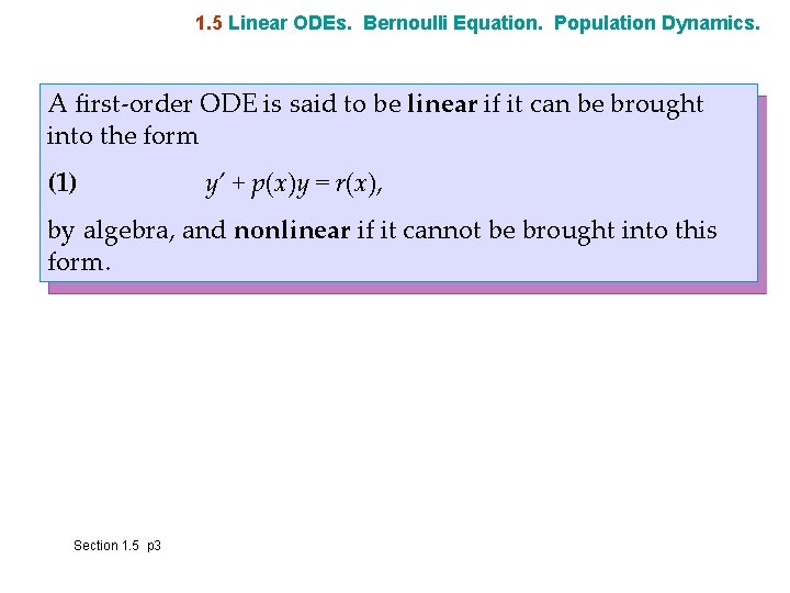 1. 5 Linear ODEs. Bernoulli Equation. Population Dynamics. A first-order ODE is said to 1. 5 Linear ODEs. Bernoulli Equation. Population Dynamics. A first-order ODE is said to