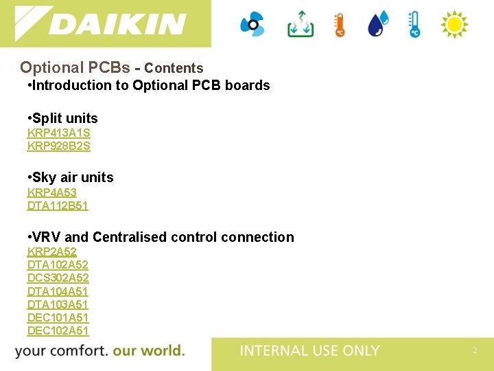Optional PCBs - Contents • Introduction to Optional PCB boards • Split units KRP