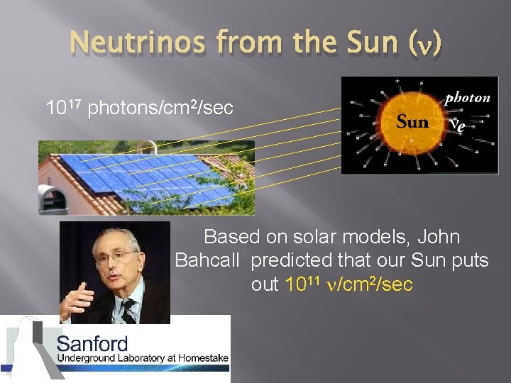 Neutrinos from the Sun ( ) 1017 photons/cm 2/sec Based on solar models, John